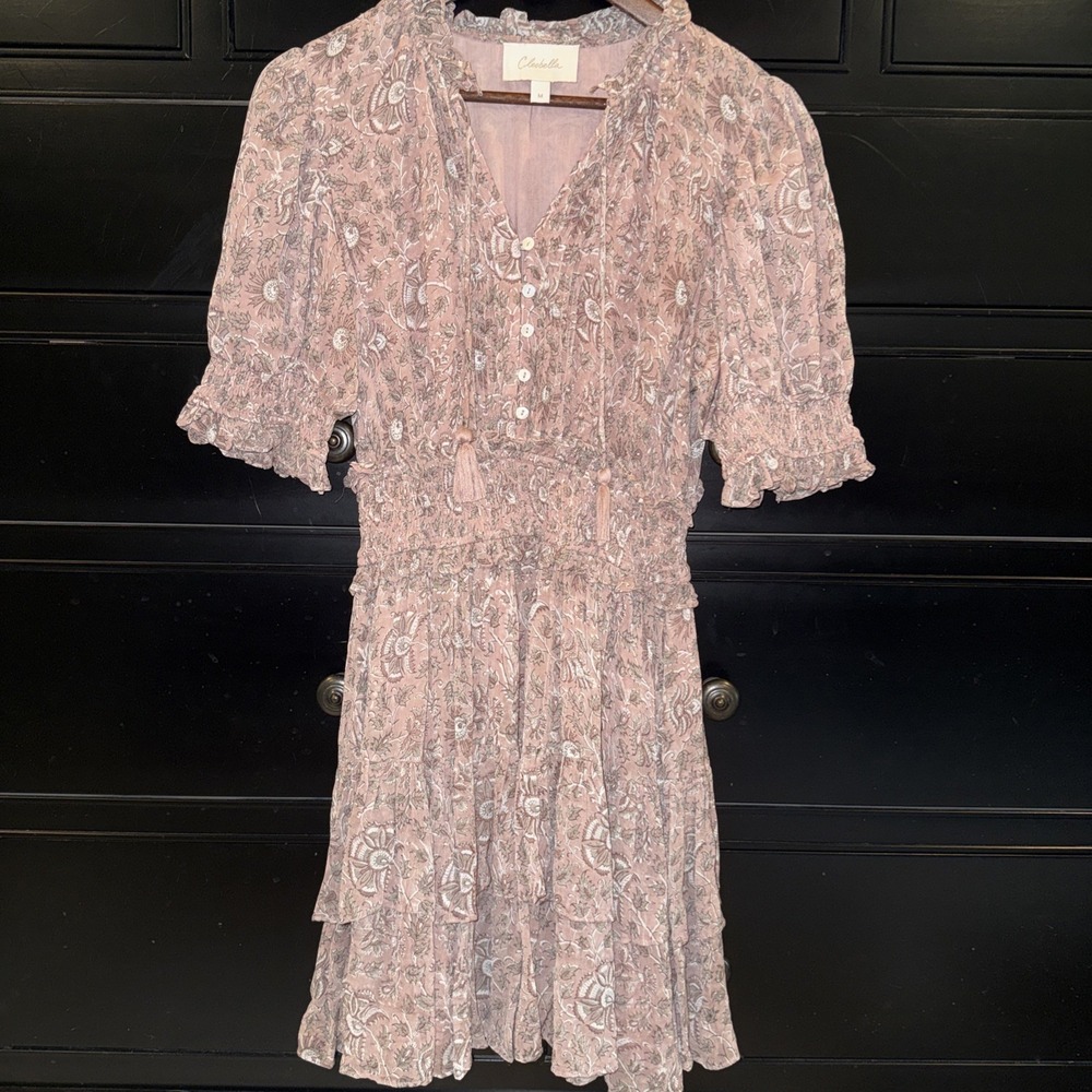 Cleobella Madelyn Floral Mini Dress Mauve Pink Gray Medium V Neck Smock Waist
